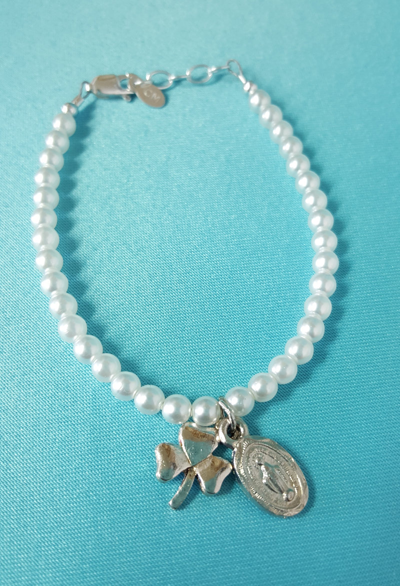 Pearl Bracelet with Miraculous Medal & Shamrock